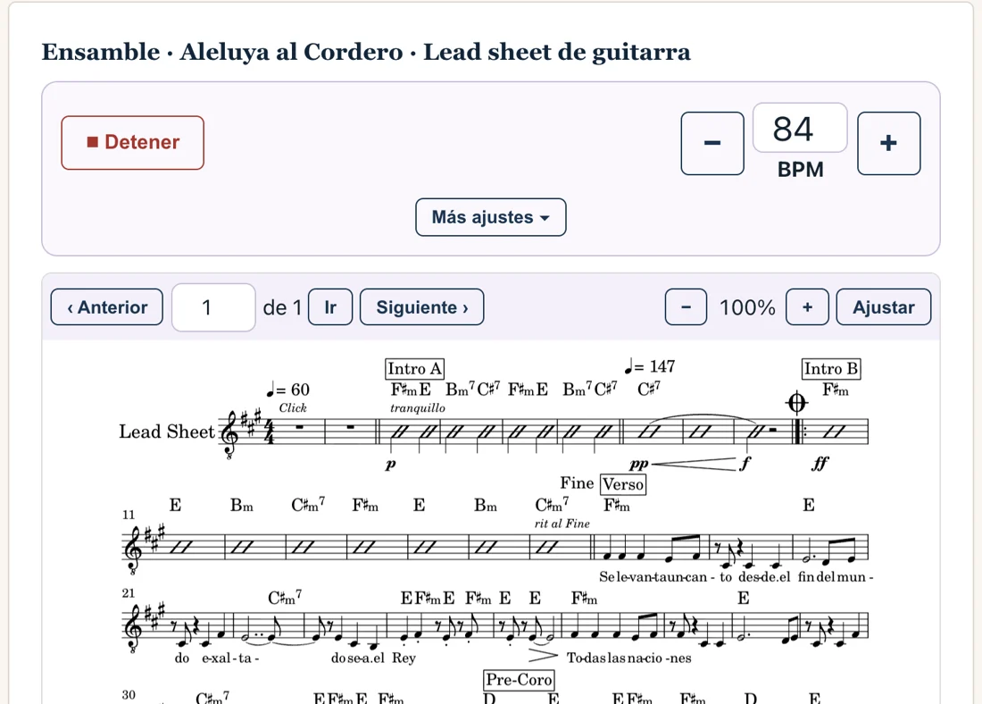 Lead sheet de guitarra de «Aleluya al Cordero» en el visor de partituras