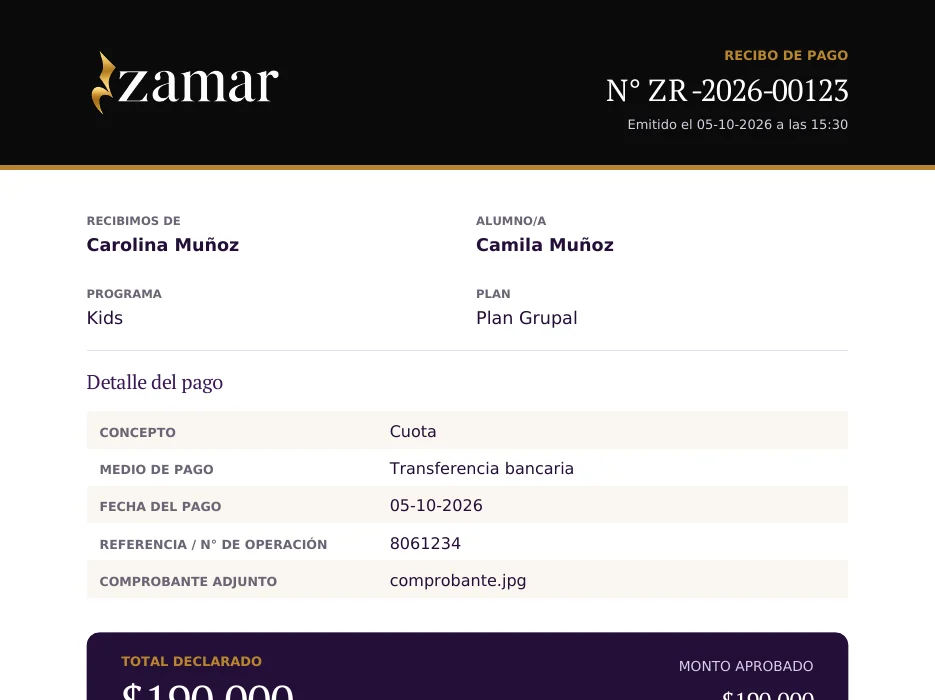 Recibo oficial de pago en PDF con el estado de cuenta