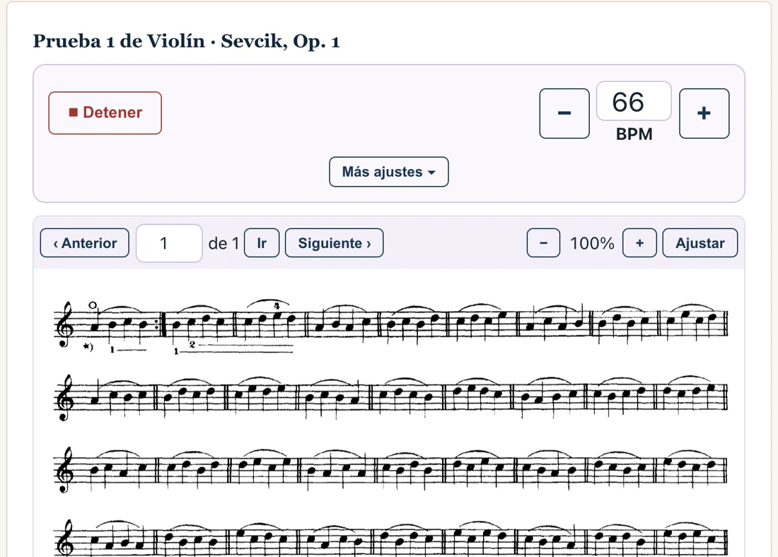 Partitura del método Sevcik en pantalla, con zoom y el metrónomo andando