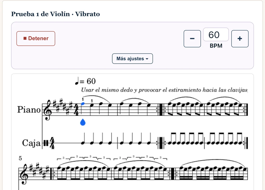Ejercicio de vibrato en la partitura interactiva de Flat, con el metrónomo activado